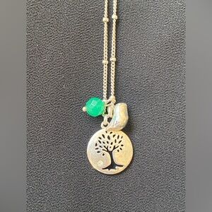 Fossil Silver Tree Necklace with Silver Bird, and Green Bead